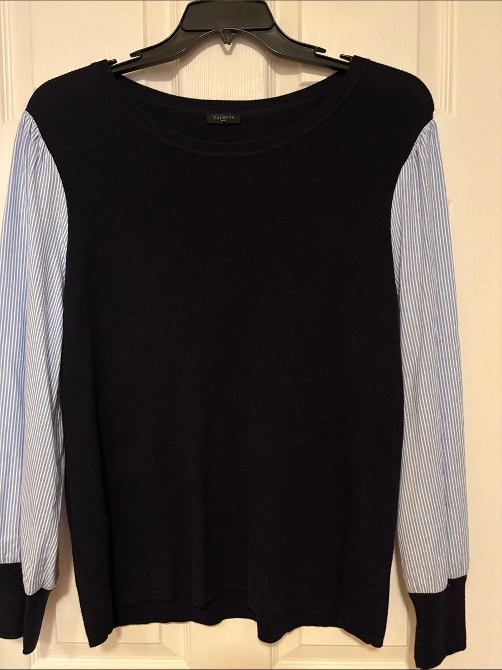 Talbots Navy Sweater with Light Blue Pinstripe Shirt Sleeves